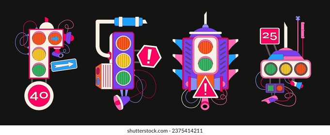 Luces de tránsito en un estilo futurista de dibujos retro Memphis. Control de tráfico