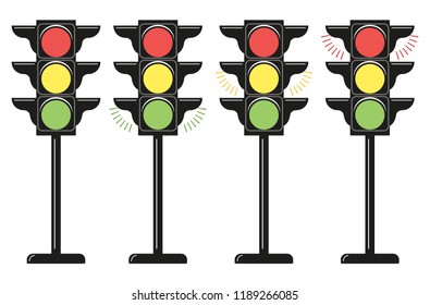 Set traffic lights, icons. Flat design style. Vector elements isolated on light background.