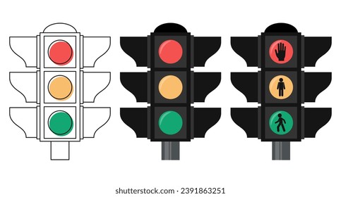 Conjunto de luces de tráfico sobre un fondo blanco. Semáforo de carreteras. Ilustración en estilo plano, boceto, vector