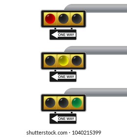 Set of traffic lights with one way sign. Horizontal located. Red, yellow and green lamp on.