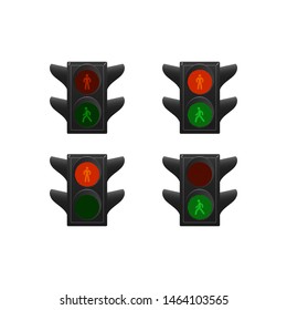 Set of traffic lights for pedestrian crossing. Red and green. Vector illustration.