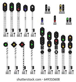 Set of traffic lights for the railway to regulate the movement of trains on a white background