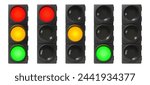 Set of Traffic Lights. Realistic electric lights with all three colors on and single color on. Street regulation system signals, road safety in the city, vector set isolated on white background