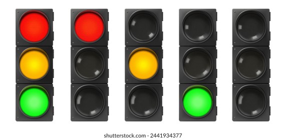 Set of Traffic Lights. Realistic electric lights with all three colors on and single color on. Street regulation system signals, road safety in the city, vector set isolated on white background