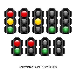 Set of traffic lights in realistic style. Semaphore design. Vector illustration isolated on white background