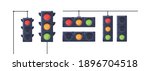 Set of traffic lights with red, yellow and green signals. Stoplights with prohibitory, allowing and waiting signs. Equipment for road movement control. Flat vector illustration isolated on white