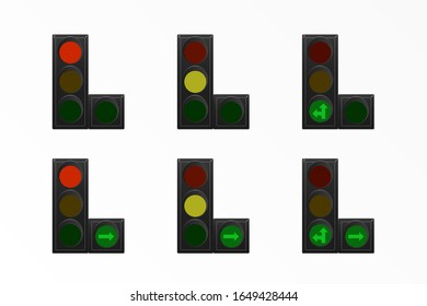 Set of traffic lights. Red, yellow and green. Arrow straight, turn right and left. Vector illustration. Road equipment.