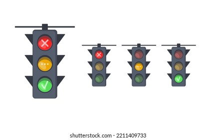 Set of traffic lights with red, yellow and green signals. Stoplights with prohibitory, allowing and waiting signs. Equipment for road movement control.