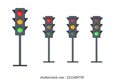 Set of traffic lights with red, yellow and green signals. Stoplights with prohibitory, allowing and waiting signs. Equipment for road movement control.