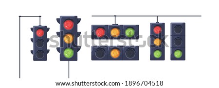 Set of traffic lights with red, yellow and green signals. Stoplights with prohibitory, allowing and waiting signs. Equipment for road movement control. Flat vector illustration isolated on white