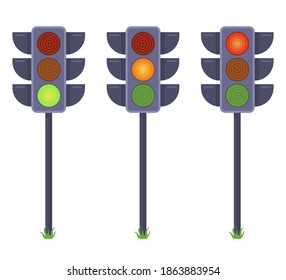 set of traffic lights showing different color signals. flat vector illustration isolated on white background.