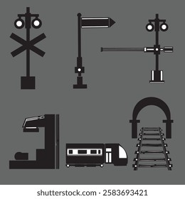 set of traffic lights and train aisle trains vector flat style