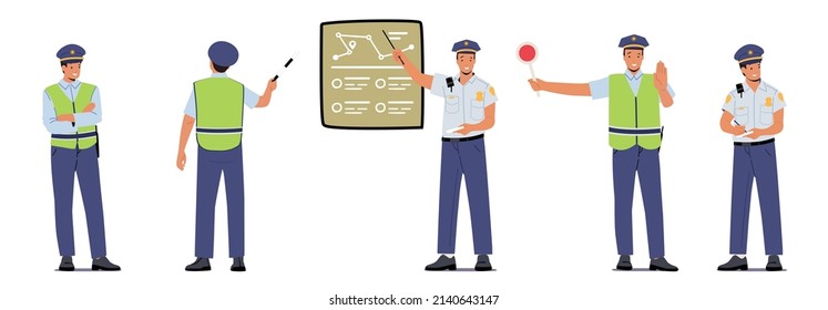 Set Traffic Policeman Wear Uniform and Green Vest Holding Baton and Stop Sign, Pointing on Chart. Isolated Police Officer Male Character, Road Inspector Occupation. Cartoon People Vector Illustration