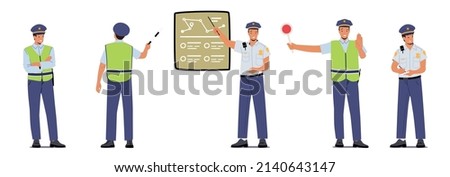 Set Traffic Policeman Wear Uniform and Green Vest Holding Baton and Stop Sign, Pointing on Chart. Isolated Police Officer Male Character, Road Inspector Occupation. Cartoon People Vector Illustration