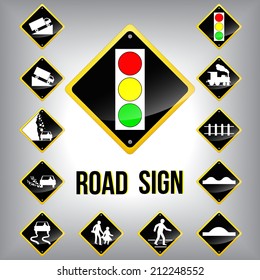Set of traffic road sign grouped. Vector graphic