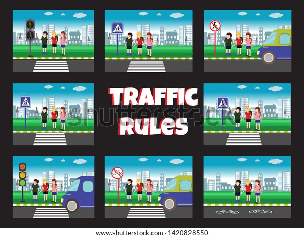 set of traffic rules for adolescent children.\
traffic education. traffic rules for children. Traffic signs.\
children using pedestrian crossing. Traffic rules for kindergarten\
students.