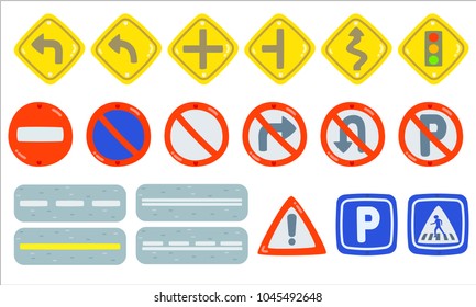 Set of traffic sign element, Traffic-Road Sign Collection,  Mandatory, prohibition and information traffic, Isolated objects on white, Flat road signs set, City construction, Creative vector, style