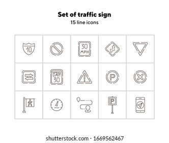 Set of traffic sign line icons. Parking sign, yield ahead, arrow. Road sign concept. Vector illustration can be used for topics like traffic, road marking, traffic striping