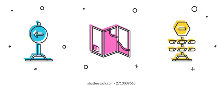 Set Traffic sign turn left, Folded map and Road barrier icon. Vector