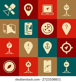 Establecer señal de tráfico gire a la izquierda, brújula, punto de ruta desconocido, portátil con marcador de ubicación, navegación en el mapa de la ciudad, plegado, satélite y radar objetivos icono de monitor. Vector