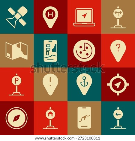 Set Traffic sign turn left, Compass, Unknown route point, Laptop with location marker, City map navigation, Folded, Satellite and Radar targets monitor icon. Vector