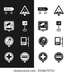 Fije la señal de tráfico a la derecha, Drawbridge adelante, tráfico de carretera, camino desigual, resbaladizo, cruce de ferrocarril e icono de hospital. Vector