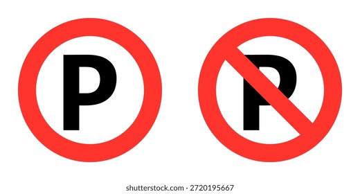Set of traffic sign vectors featuring No Parking prohibition and Parking Area symbols. Professional flat design for road safety and urban transportation concepts