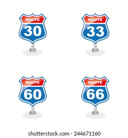 a set of traffic signals with text and route numbers on a white background