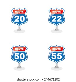a set of traffic signals with text and route numbers on a white background
