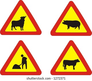 set of traffic signs, animals on the road and works in progress - vector illustrations