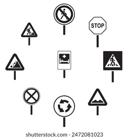 Satz von Verkehrsschildern, Verschiedene Straßenschilder Symbole gesetzt, einfacher Stil