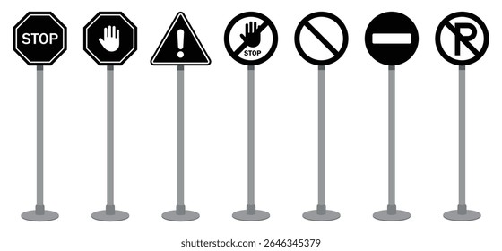 Set of traffic signs including stop, warning, no entry, and no parking icons mounted on poles. Flat vector design for road safety, traffic control, and transportation. Icons, vector, symbols.