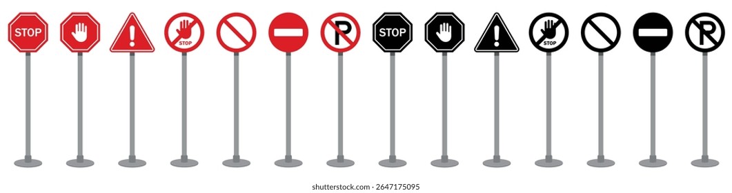 Set of traffic signs including stop, warning, no entry, and no parking icons on poles in red and black colors. Flat vector style suitable for transport, road safety, and traffic rules content.
