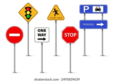 Set of Traffic signs. Pedestrian symbol. Road and school signs zone for kids safety. Caution and warning symbol.