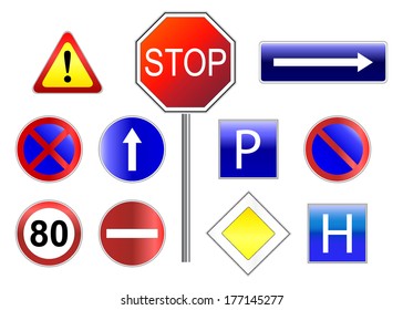 Set of traffic signs with reflection, isolated on white background, vector illustration.