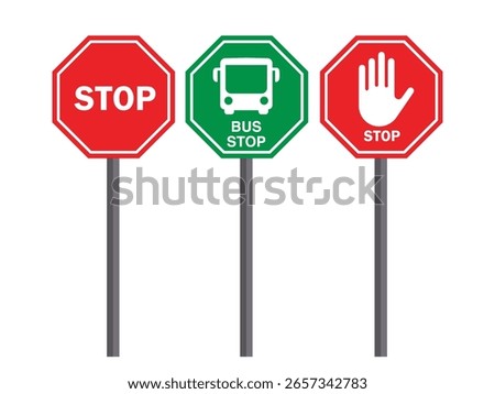 Set of Traffic Signs – Stop Sign, Hand Stop Sign, and Bus Stop Sign in Flat Vector Style