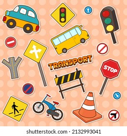 Set of traffic signs, transportation system stickers, cars, bicycles, buses and symbols. Vector illustration.