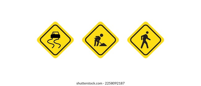 set of traffic signs, vector, yellow and black color illustration icon