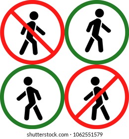 Set the traffic symbol and prohibition on movement of people. A person goes and is not included in a set of icons. On a white background. Vector illustration.