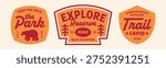 Set of trail camp stickers collection. Explore adventure badges, logos, and patchs design.
