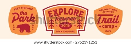 Set of trail camp stickers collection. Explore adventure badges, logos, and patchs design.