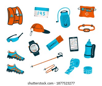 Set Of Trail Running Equipment And Accessories. Color Vector Illustration Of Smartwatch, Water Bottle, Clothes, Etc.