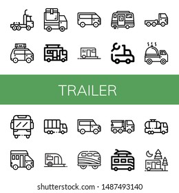 Set of trailer icons such as Truck, Van, Delivery truck, Caravan, Camping, Trailer, Camper, Crane truck, Tank