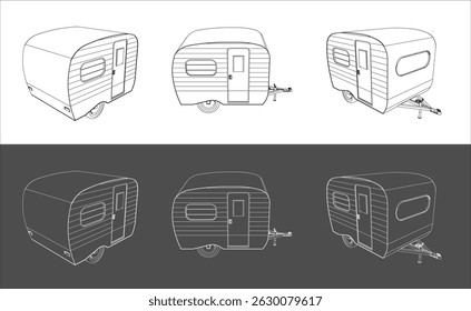 Definir Trailer RV Travel Veículo recreativo de viagem carro linha técnica desenho plano wireframe conceito isolado no fundo transparente
