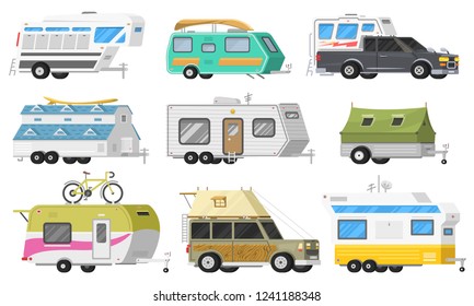 A set of trailers or family RV camping caravan. Tourist bus and tent for outdoor recreation and travel. Mobile home truck. Suv Car Crossover. Tourist transport, road trip, recreational vehicles.