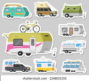 A set of trailers or family RV camping caravan. Tourist bus and tent for outdoor recreation and travel. Mobile home truck. Suv Car Crossover. Tourist transport, road trip, recreational vehicles.