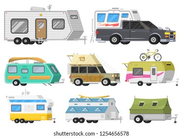 A set of trailers or family RV camping caravan. Tourist bus and tent for outdoor recreation and travel. Mobile home truck. Suv Car Crossover. Tourist transport, road trip, recreational vehicles.