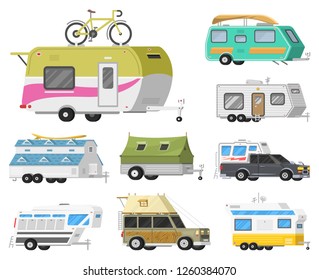 A set of trailers or family RV camping caravan. Tourist bus and tent for outdoor recreation and travel. Mobile home truck. Suv Car Crossover. Tourist transport, road trip, recreational vehicles.