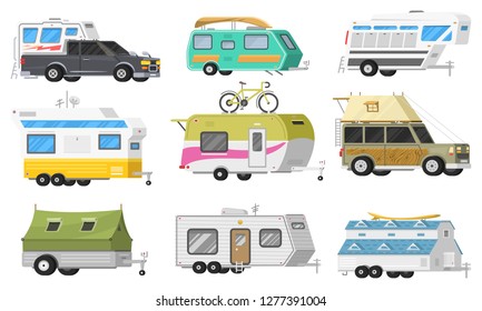 Eine Reihe von Anhängern oder Familie RV Campingwagen. Tourist Bus und Zelt für Freizeit Erholung und Reisen. Mobiles Zuhause. Suv Car Crossover. Touristentransport, Straßenfahrt, Freizeitfahrzeuge.