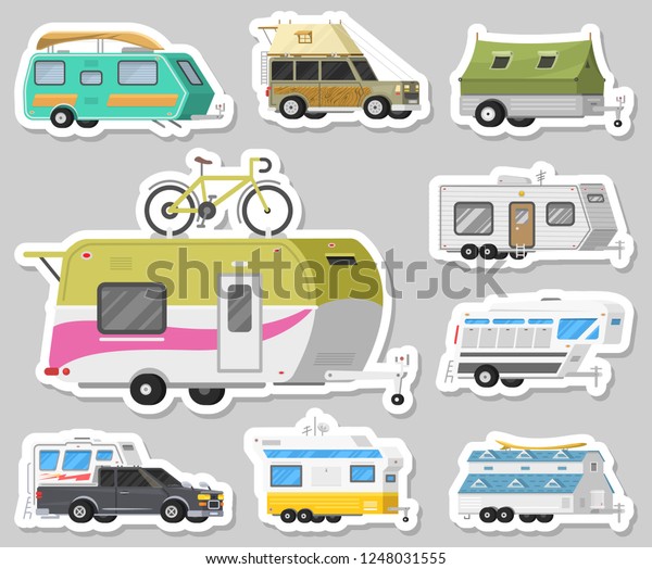 A set of trailers or family RV camping caravan.\
Tourist bus and tent for outdoor recreation and travel. Mobile home\
truck. Suv Car Crossover. Tourist transport, road trip,\
recreational vehicles.